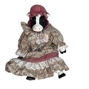 Vintage Anthropomorphic Country Ceramic Cow Doll Floral Dress With Lace & Bonnet